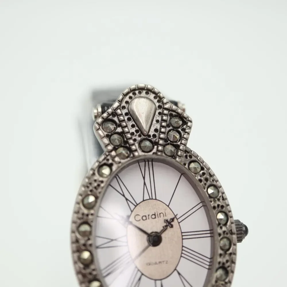 Cardini Marcasite Watch Women 24mm Silver Tone Roman Black Leather w New Battery